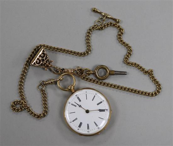 A continental gold fob watch with 9ct gold chain and 9ct carnelian set charm.